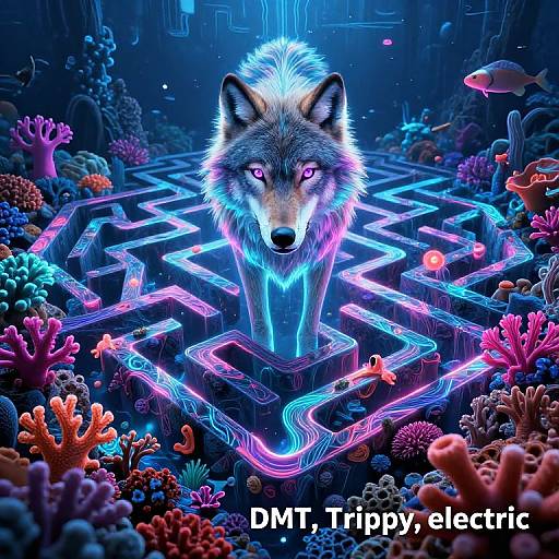 Digital artwork of a glowing neon wolf standing in a futuristic, luminous maze surrounded by vibrant, bioluminescent corals and fish. Text reads