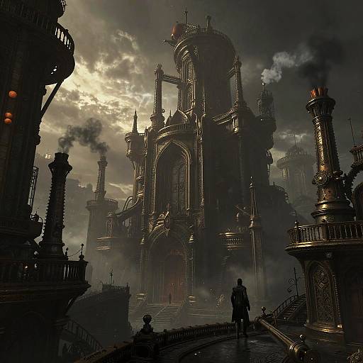 Gothic, steampunk cathedral illuminated by a cloudy sky, with dark smoke, towering spires, intricate architecture, and silhouetted