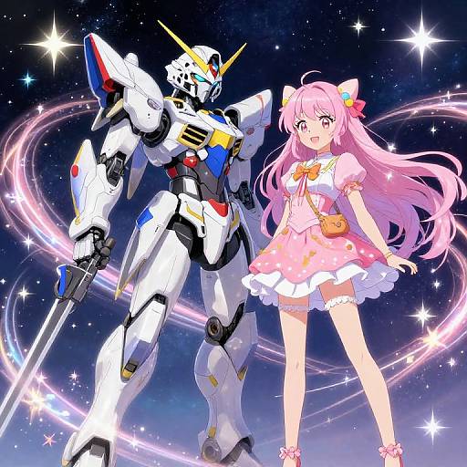 Anime-style digital illustration of a pink-haired girl in a frilled pink dress standing beside a white and blue humanoid robot with a sword, against a star