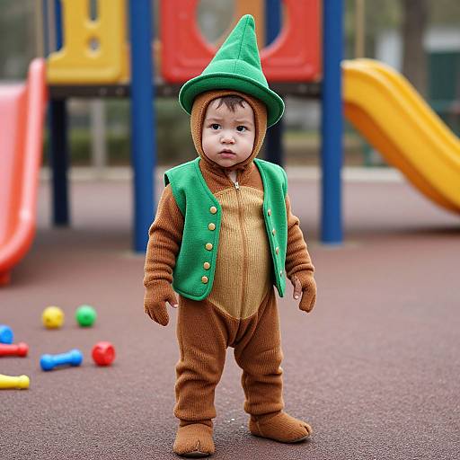 Photograph of a baby in a brown onesie and green wizard hat vest, standing in a colorful playground, surrounded by scattered toys.