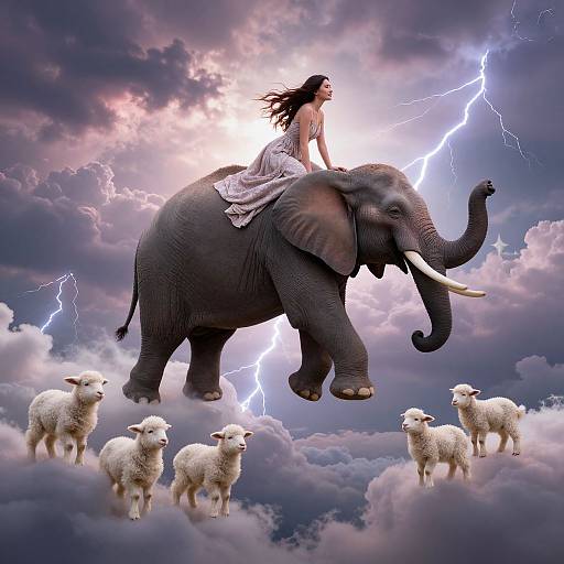 A mystical woman with long dark hair rides a giant elephant amidst lightning, surrounded by fluffy white sheep on cloudy sky.