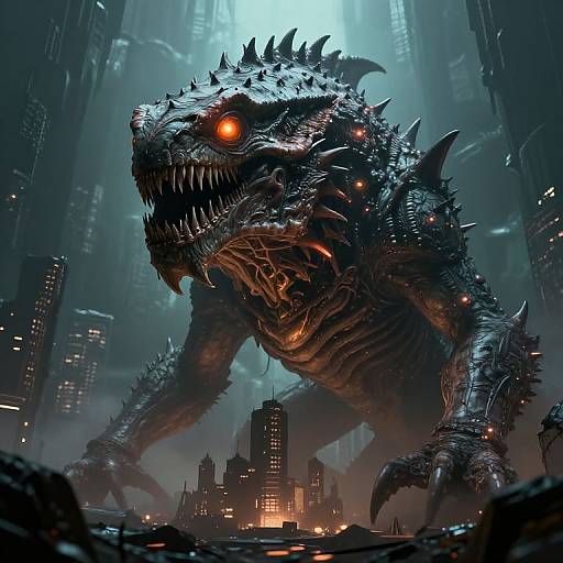 Digital artwork of a towering, spiked, dark blue monster with glowing orange eyes, destroying a futuristic cityscape of towering skyscrapers.