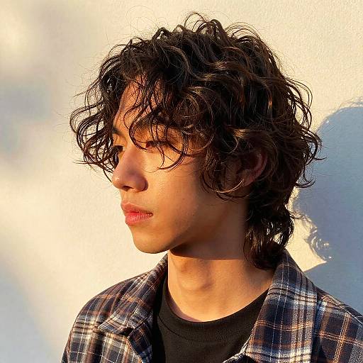 Photograph of a young man with curly black hair, light olive skin, wearing a black shirt and plaid jacket, in bright sunlight against a white