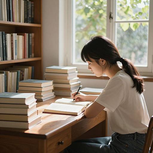 Photograph of an Asian woman with black hair in a ponytail, wearing a white t-shirt and blue jeans, writing in a sunlit library,