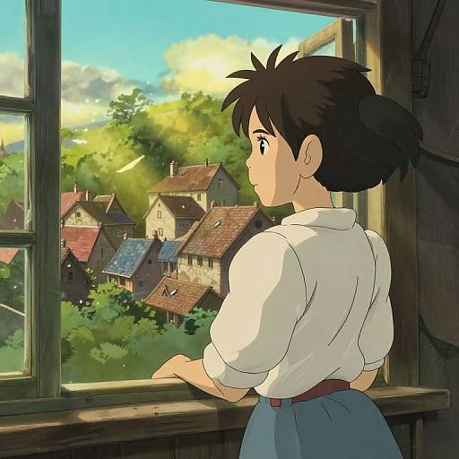 Anime-style drawing of a girl with short black hair, white shirt, and blue skirt, gazing out a window at a colorful, sunlit village