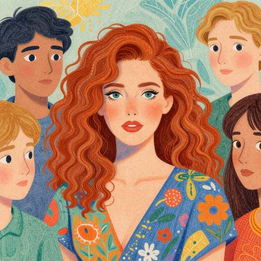 Vibrant digital illustration of a red-haired woman with wavy hair, surrounded by five diverse people, wearing colorful floral dress, set against a sunny