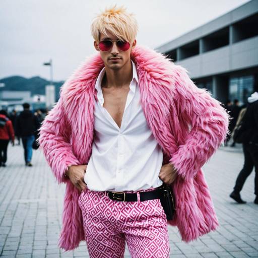 Flamboyant Man in Pink Fur Coat and Patterned Pants