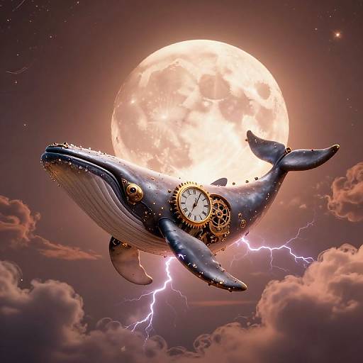 Photorealistic digital art of a clocked whale flying through a stormy sky with a glowing full moon, lightning, and clouds.