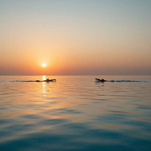Photograph of a serene sunset over calm ocean water, with the sun low on the horizon, casting orange and pink hues. Two dark silhouettes