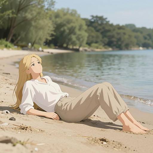 Relaxed Blonde Woman Lying on Sandy Beach