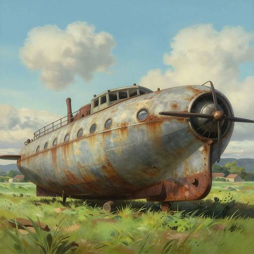 Photorealistic digital painting of a rusted, abandoned seaplane on grassy terrain, with a blue sky and fluffy clouds in the background.