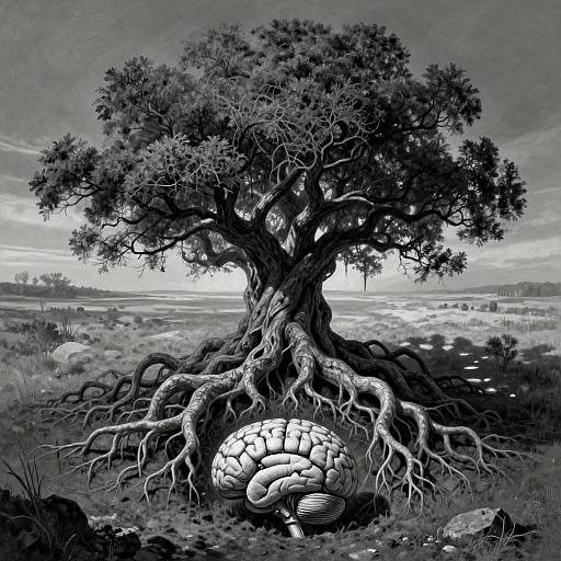 Black-and-white digital art of a massive tree with intricate roots enveloping a cracked, egg-like object in a desolate landscape.