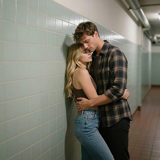 Couple Embracing in Industrial Hallway