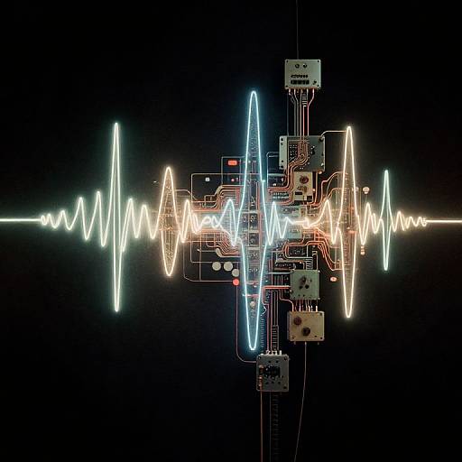 Photograph of a neon-lit ECG heartbeat line with blue and white pulses, overlayed on a dark background with circuit board components.