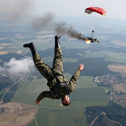 Photograph of a soldier in green military gear mid-air jump, above a landscape with fields and towns, chasing a red parachute and black helicopter with smoke