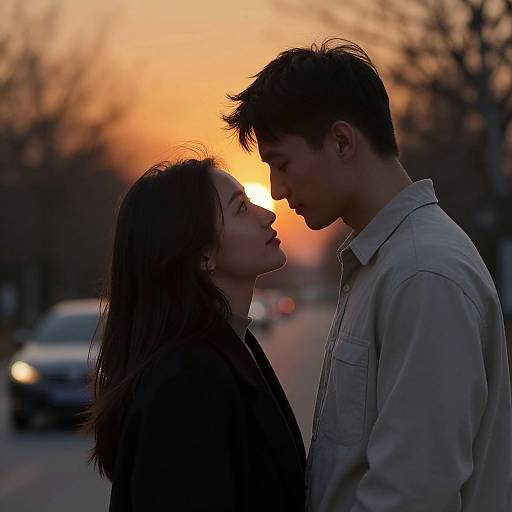 Photograph of a young couple standing close at sunset on a street, gazing into each other's eyes, with a blurred car in the background.
