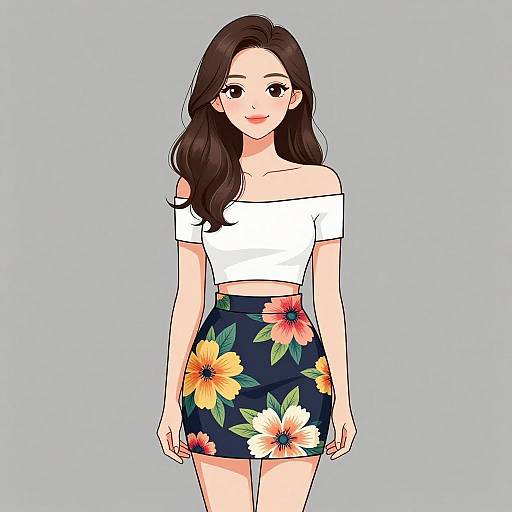 Digital anime-style drawing of a young woman with long brown hair, wearing an off-shoulder white crop top and a navy floral skirt, against a