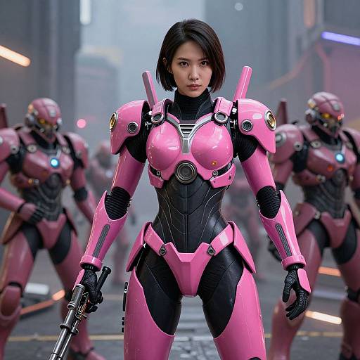 CGI image of an Asian woman in pink and black futuristic armor, holding a gun, standing confidently in a foggy city street with two armored soldiers