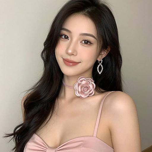 Photograph of an East Asian woman with long black hair, wearing a pink satin top, choker with a rose, and dangling earrings, smiling softly