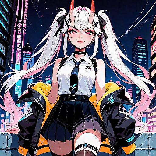 Oni Girl on Neon-lit Rooftop