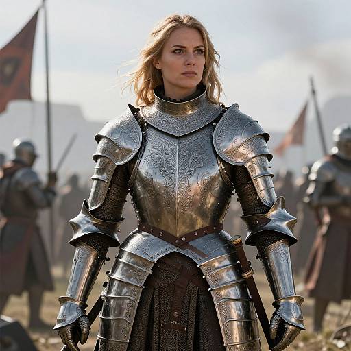 Photograph of a blonde woman in medieval-style silver armor with intricate patterns, standing confidently in a battlefield scene with blurred soldiers and flags in the background.