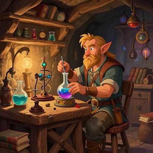 Digital illustration of a bearded, pointy-eared elf in medieval attire mixing colorful potions in a dimly lit, wooden-walled alchemist's