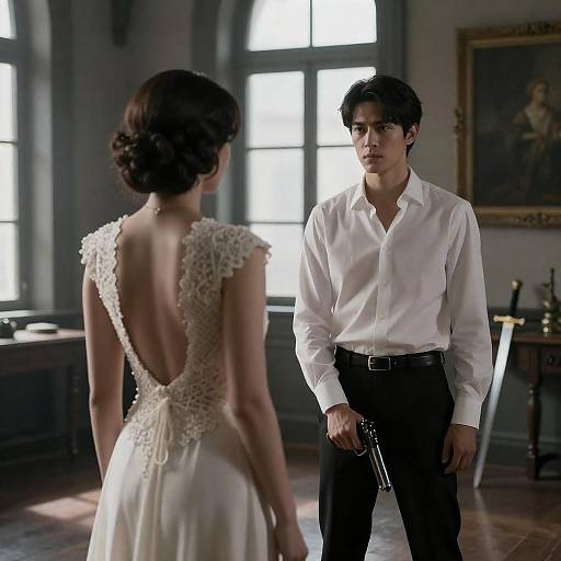 Dimly Lit Confrontation in White