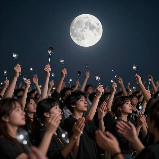 Photograph of a crowd of Asian teenagers at night, holding bubble wands under a bright full moon, hands raised, bubbles floating.