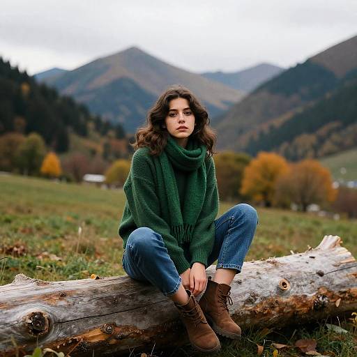 Young Woman Sitting on Log in Mountain Valley