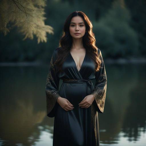 Woman in Black Silk Robe Standing in Lake