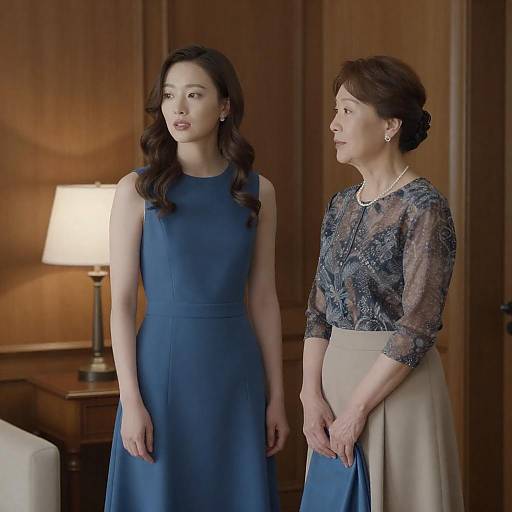 Two Women in Elegant Attire in Wooden-Paneled Room