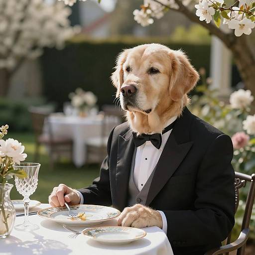 Elegant Golden Retriever at Fine Dining