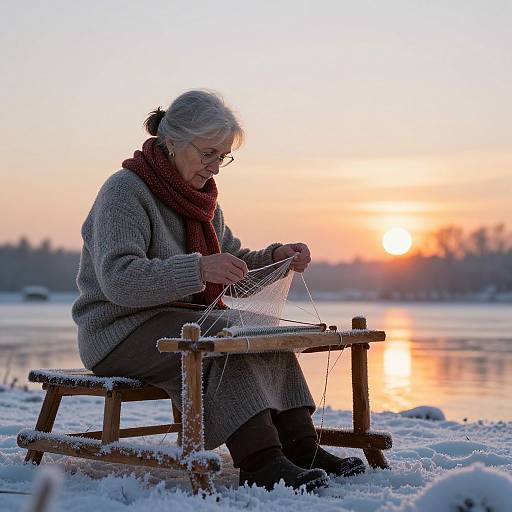 Photograph of an elderly woman with gray hair, glasses, and a red scarf, knitting by a snowy lakeside at sunset.