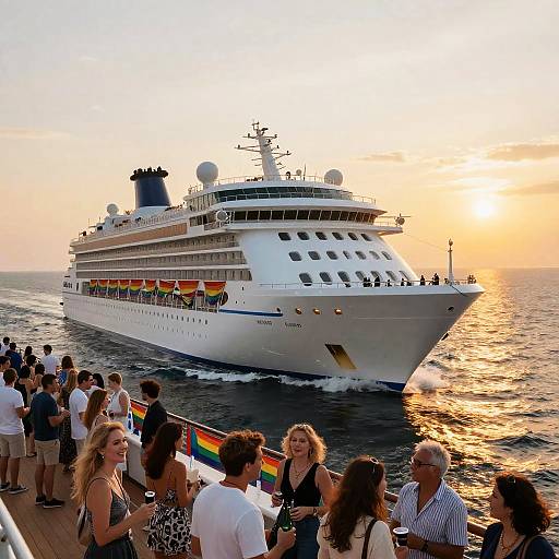 Photograph of a large white cruise ship with multicolored flags, surrounded by passengers on deck, sailing at sunset on calm ocean waters.