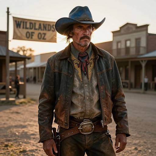 Photograph of an aged, rugged cowboy with a weathered face, dark blue hat, leather jacket, and dusty clothes, standing in a sunlit