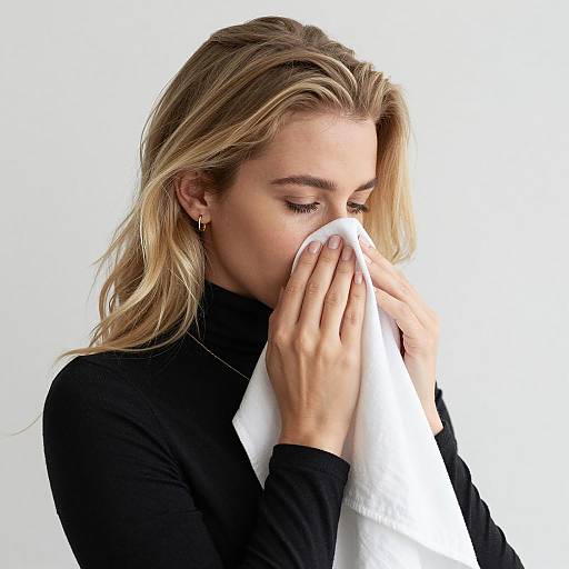 Blonde Woman Holding White Cloth to Nose