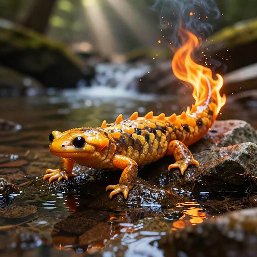 Realistic Golden-Scaled Salamander in Creek