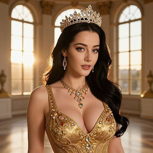 Photorealistic image of a fair-skinned woman with long black hair, wearing a gold-embellished dress, tiara, and jewelry,
