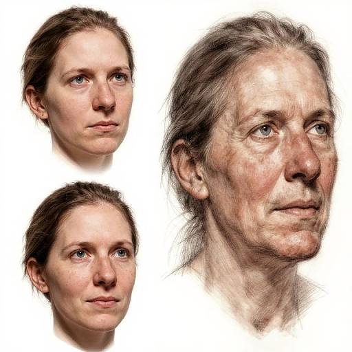 Photorealistic digital composite of a young woman's face and an older woman's face, showing age progression; white background.
