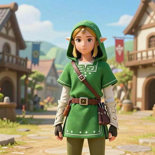 CGI image of a young, elf-like character with green tunic, brown belt, and pointed ears, standing in a bright, medieval village.