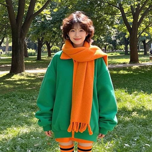 Photograph of a smiling child with short brown hair, wearing a green sweater, orange scarf, and orange-striped socks, standing in a sunlit park