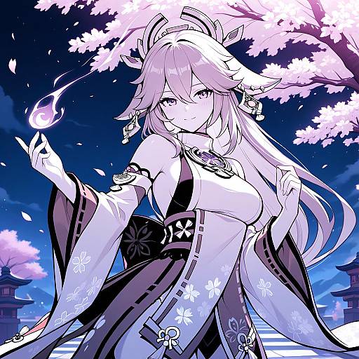 Monochrome Yae Miko Under Cherry Blossoms
