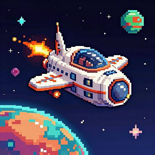 Vintage Pixel Spaceship Over Alien Planet