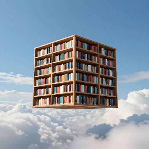 Floating library cube with wooden shelves and colorful books, suspended above fluffy white clouds against a bright blue sky.