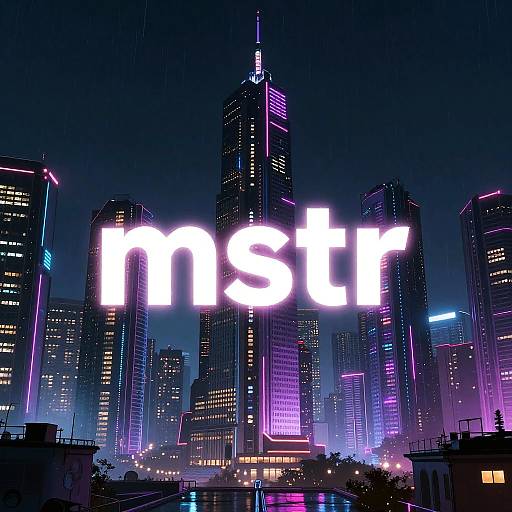 MSTR Logo in Cyberpunk Cityscape
