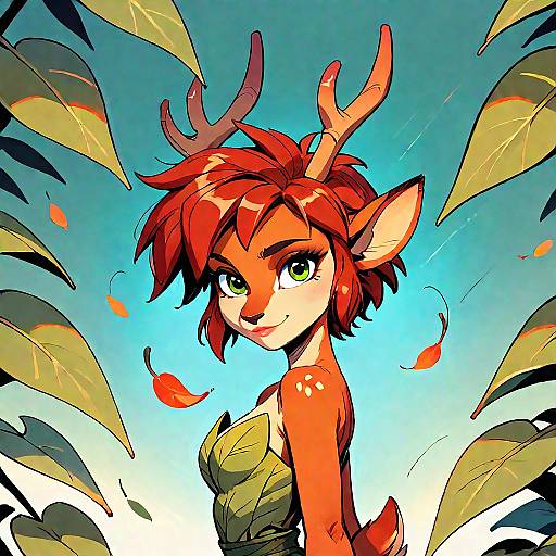 Vibrant digital artwork of an anthropomorphic red deer with green eyes, short red hair, and small antlers, surrounded by colorful leaves against a