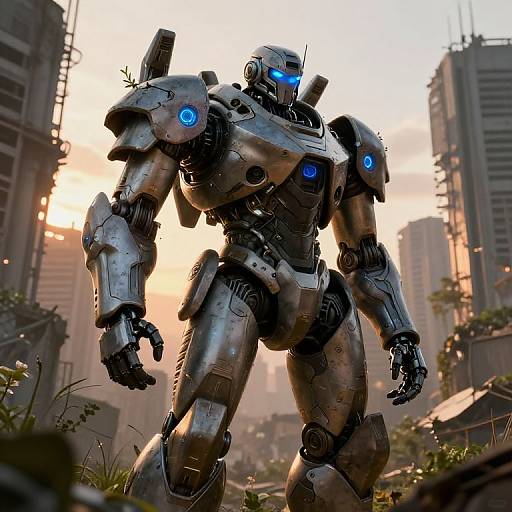 CGI image of a futuristic, metallic robot with blue glowing eyes standing in a ruined, overgrown cityscape at sunset.
