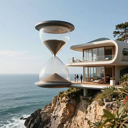 Photorealistic CGI of futuristic coastal house with floating hourglass, overlooking ocean; modern architecture, glass balcony, three people, rocky cliffside.