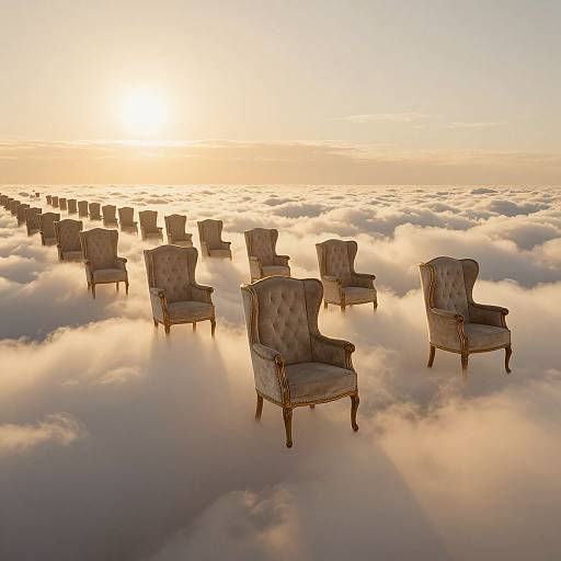 Photograph of vintage, tufted armchairs with gold trim floating above a sea of clouds at sunrise, creating a serene, ethereal atmosphere