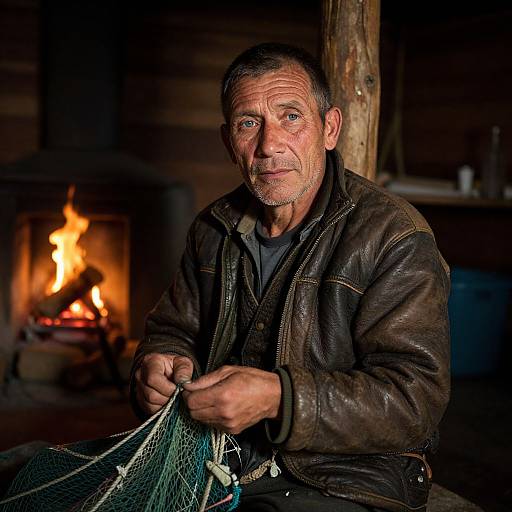 Photograph of an older man with weathered skin and short gray hair, wearing a brown leather jacket, holding fishing net, sitting by a glowing fireplace